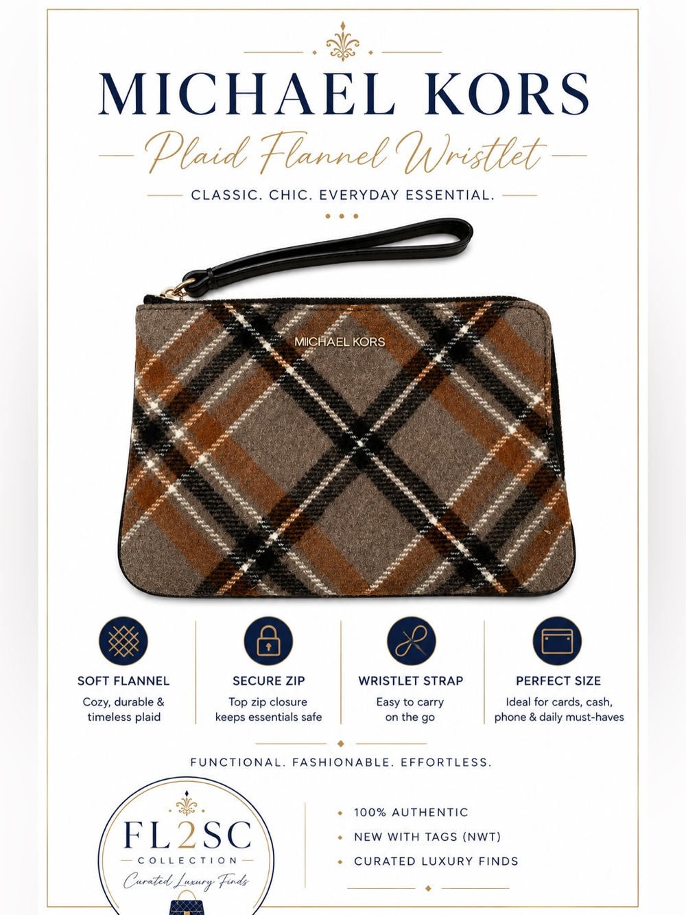 Michael Kors Plaid Wristlet in Brown, Black and Cream - Picture 3 of 4